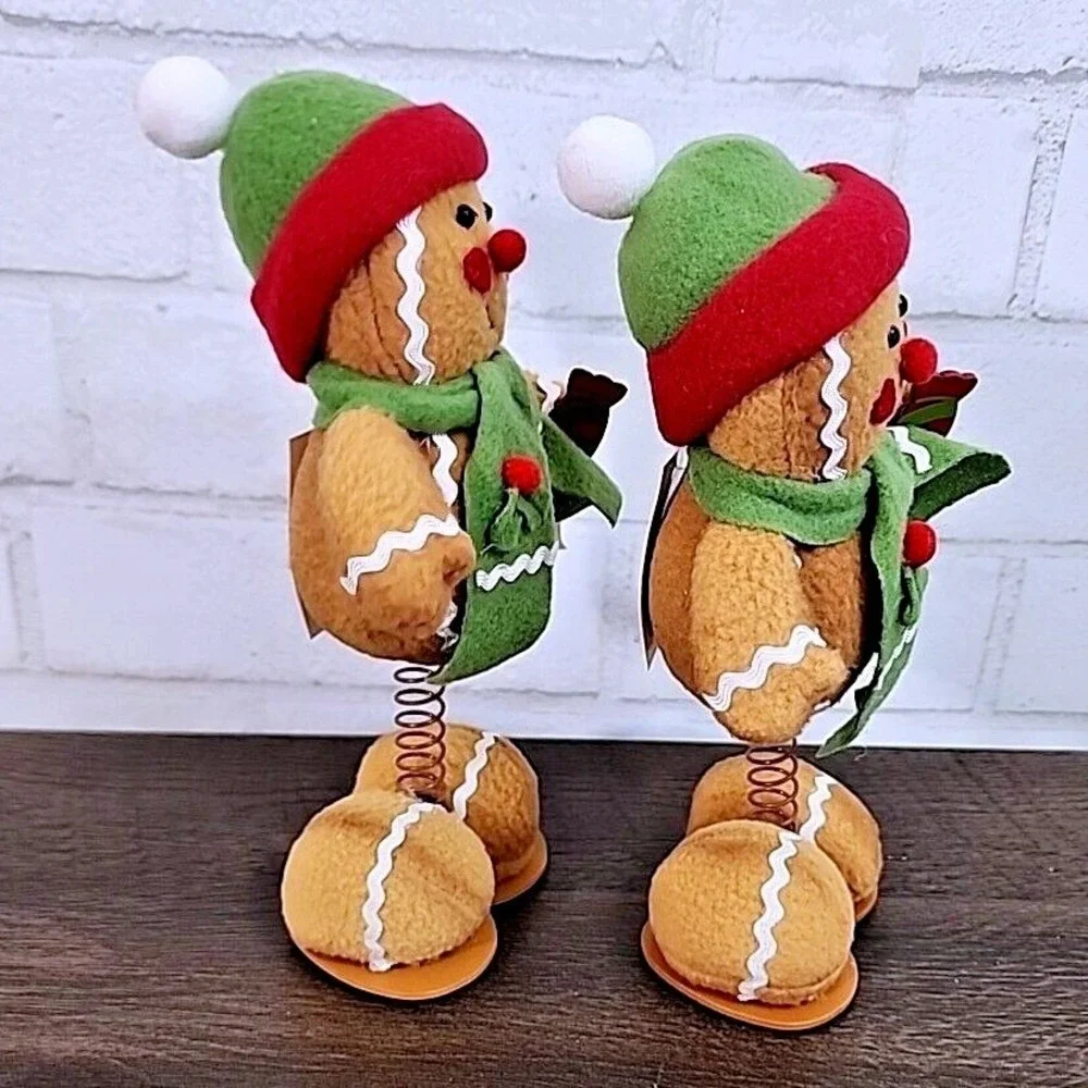 Gingerbread Bobblehead Set Of 2 Brown Green Red Christmas Decor Kitsch 9